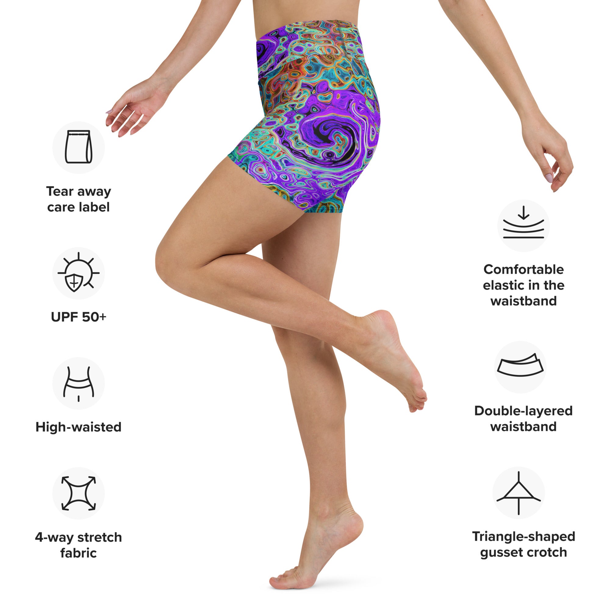 Yoga Shorts - Purple Colorful Groovy Abstract Retro Liquid Swirl
