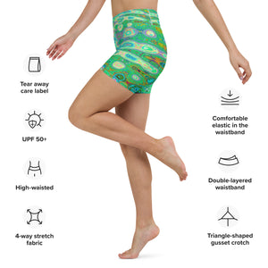 Yoga Shorts for Women | Abstract Colorful Green Wavy Mosaic Retro
