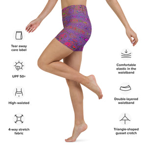 Yoga Shorts for Women | Psychedelic Groovy Magenta Retro Atomic Waves