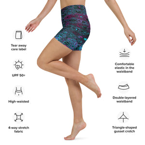 Yoga Shorts for Women | Retro Aqua Magenta and Black Abstract Atomic Waves