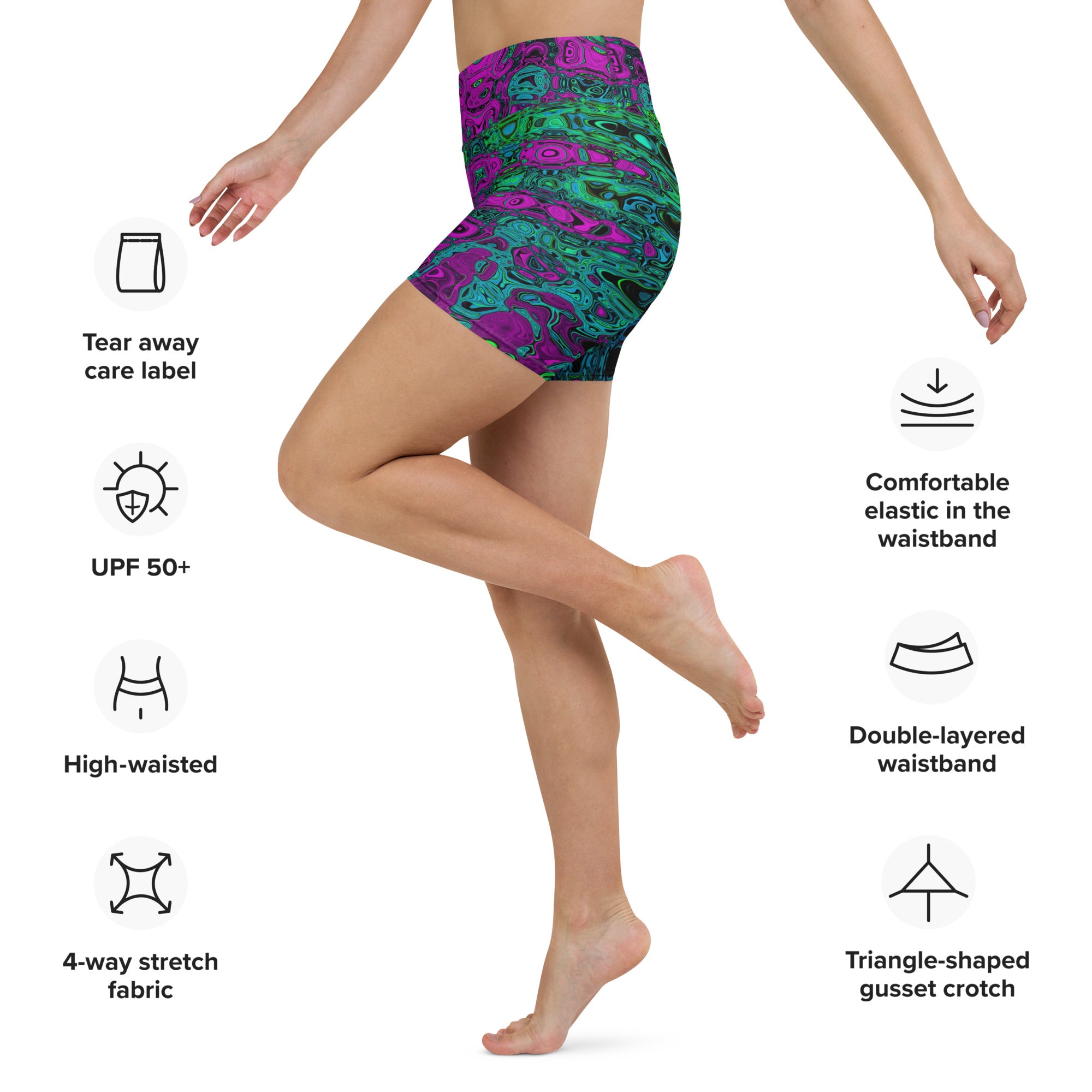 Yoga Shorts for Women | Bold Magenta Abstract Groovy Atomic Waves