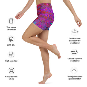 Yoga Shorts for Women | Trippy Red and Purple Abstract Retro Atomic Waves