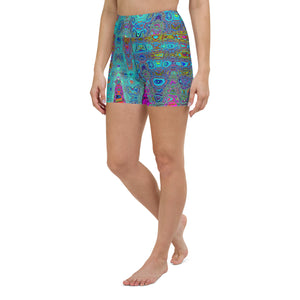 Yoga Shorts for Women | Trippy Sky Blue Abstract Retro Atomic Waves