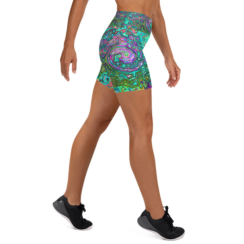 Yoga Shorts - Aquamarine Groovy Abstract Retro Liquid Swirl