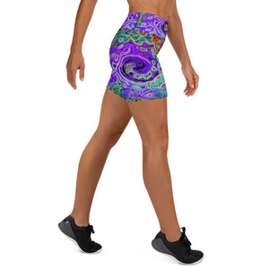 Yoga Shorts - Purple Colorful Groovy Abstract Retro Liquid Swirl