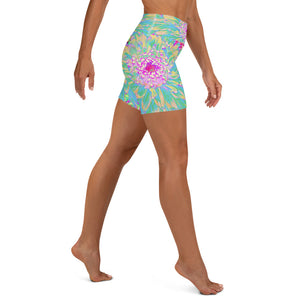 Yoga Shorts - Decorative Teal Green and Hot Pink Dahlia Flower