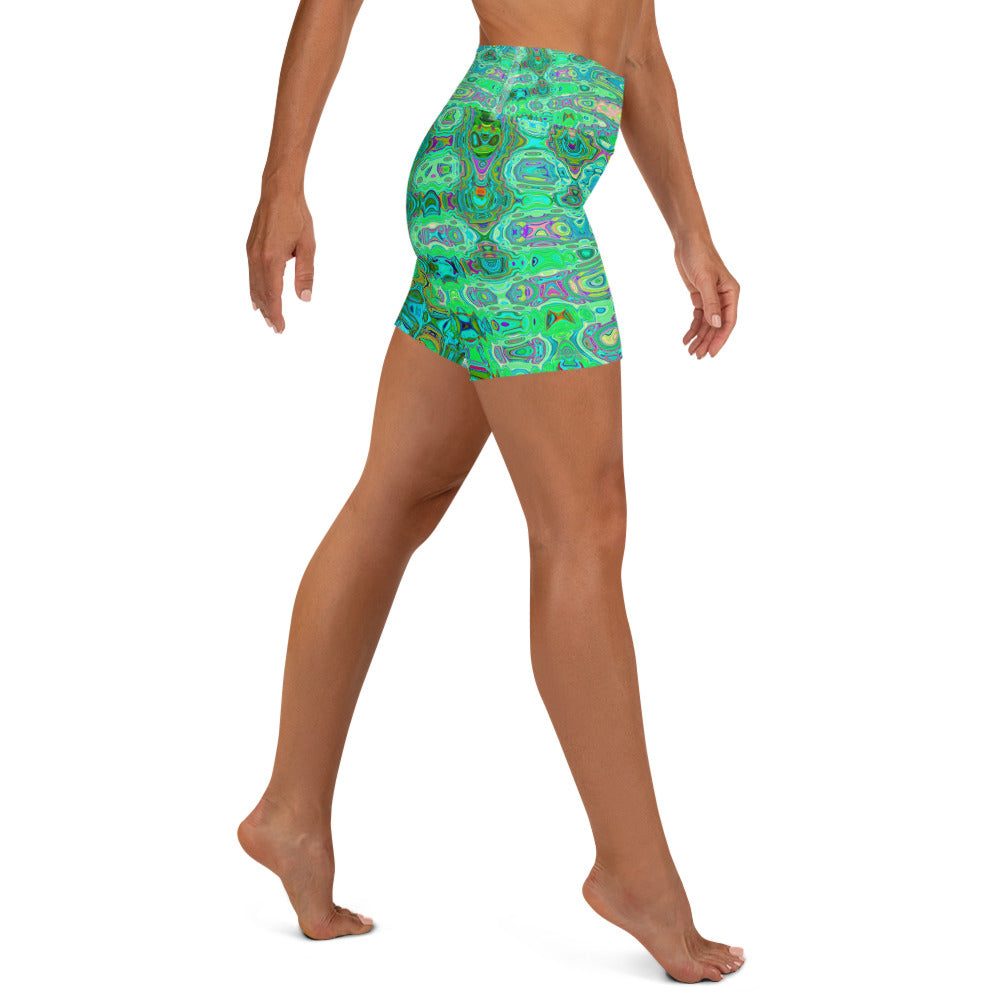 Yoga Shorts for Women | Abstract Colorful Green Wavy Mosaic Retro