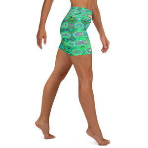 Yoga Shorts for Women | Abstract Colorful Green Wavy Mosaic Retro