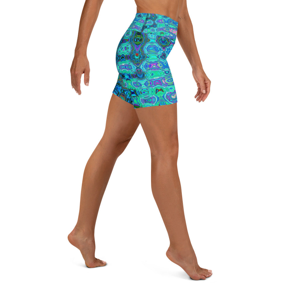 Yoga Shorts for Women | Abstract Colorful Blue Wavy Mosaic Retro