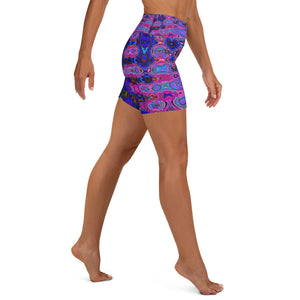 Yoga Shorts for Women | Abstract Mosaic Pink and Blue Wavy Retro