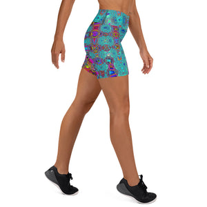 Yoga Shorts for Women | Trippy Sky Blue Abstract Retro Atomic Waves