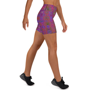 Yoga Shorts for Women | Psychedelic Groovy Magenta Retro Atomic Waves