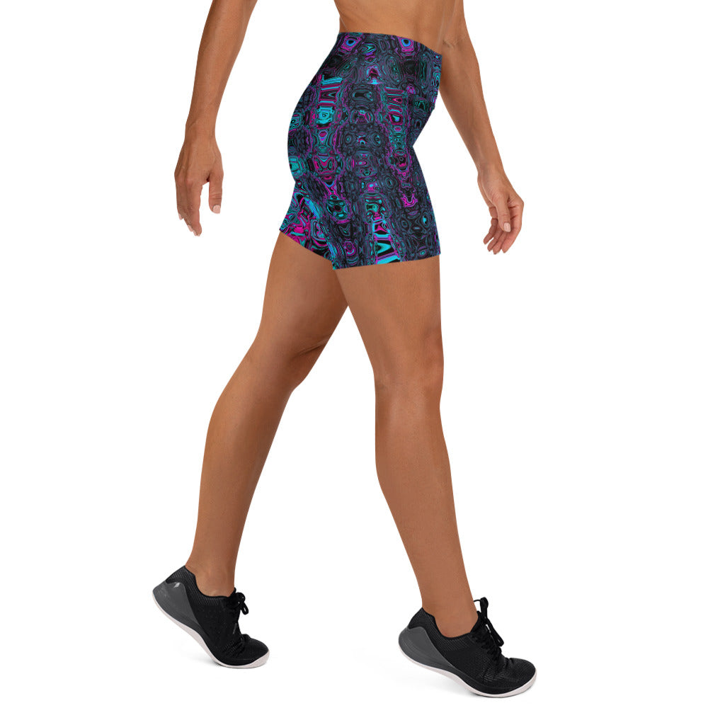 Yoga Shorts for Women | Retro Aqua Magenta and Black Abstract Atomic Waves