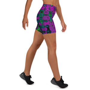 Yoga Shorts for Women | Bold Magenta Abstract Groovy Atomic Waves