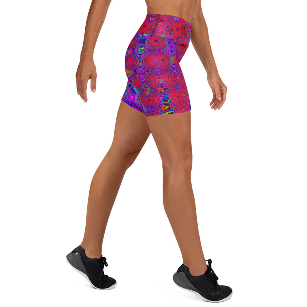 Yoga Shorts for Women | Trippy Red and Purple Abstract Retro Atomic Waves