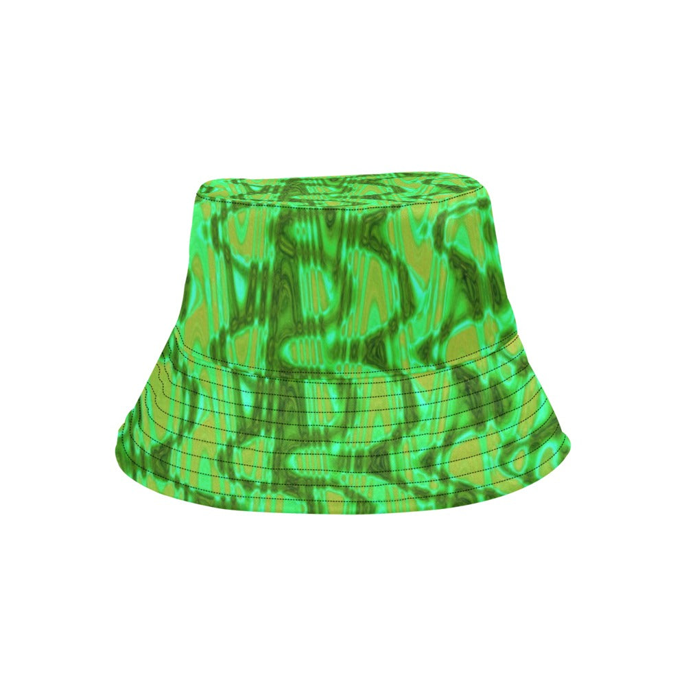 Bucket Hats | Cool Green and Gold Abstract Tie Dye Retro Waves