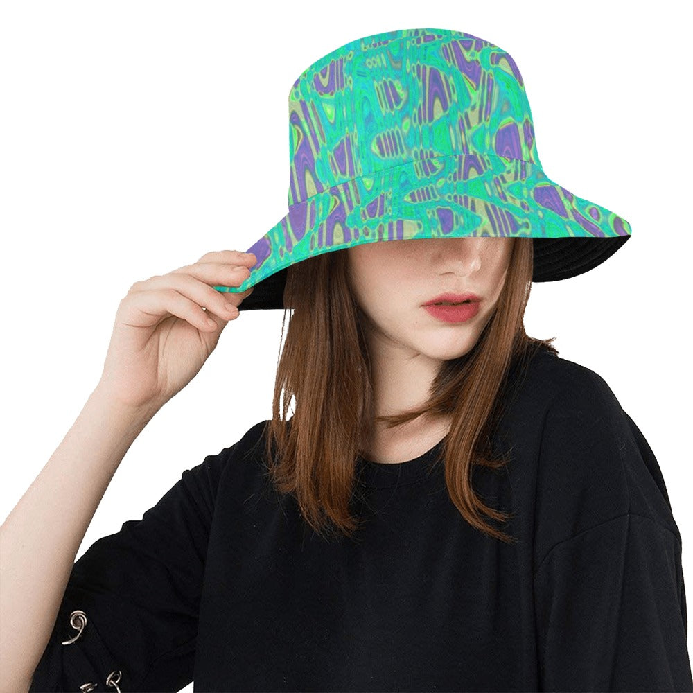 Bucket Hats | Cool Purple and Green Abstract Tie Dye Retro Waves