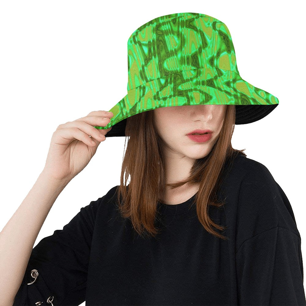 Bucket Hats | Cool Green and Gold Abstract Tie Dye Retro Waves