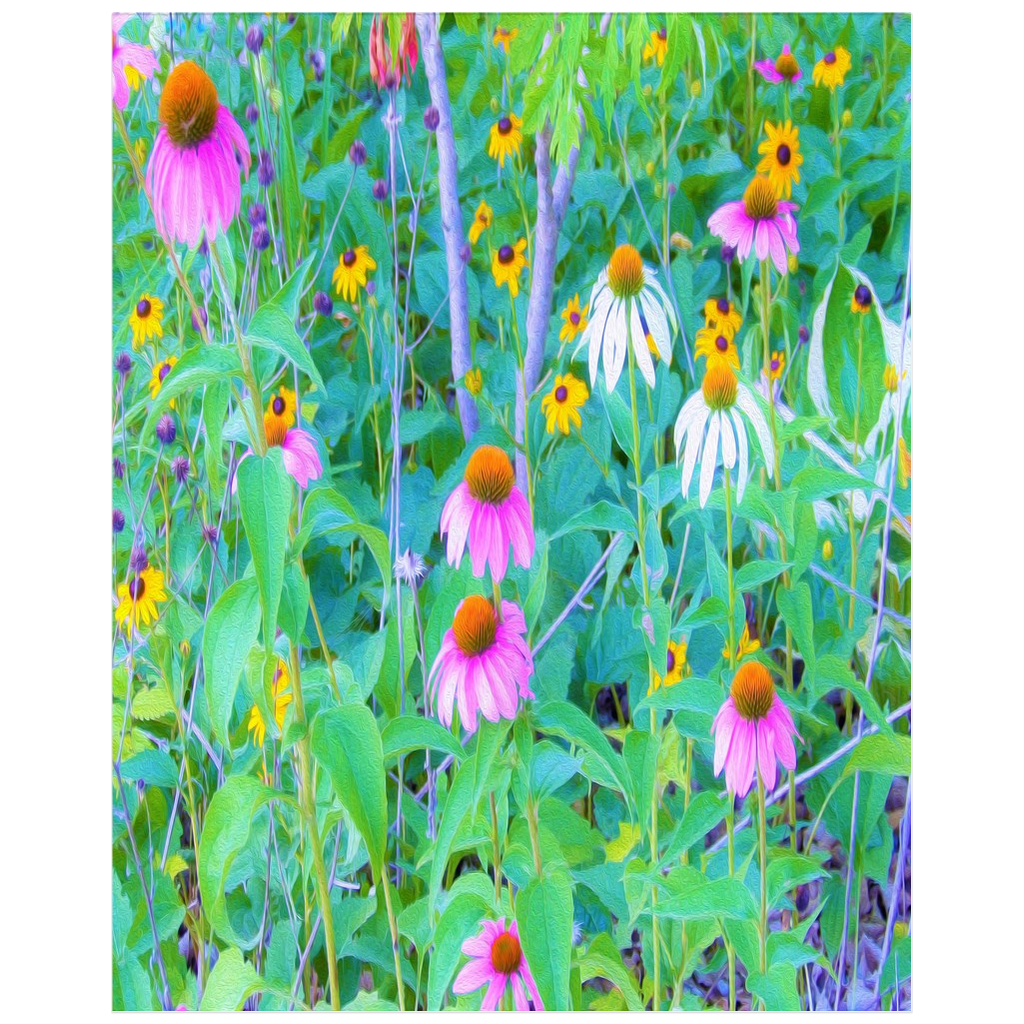 Posters, White and Purple Coneflowers and Yellow Rudbeckia - Vertical