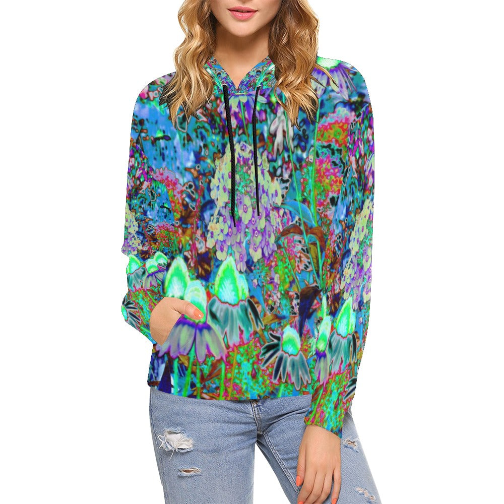 Hoodies for Women, Psychedelic Purple and Lime Green Garden Flowers