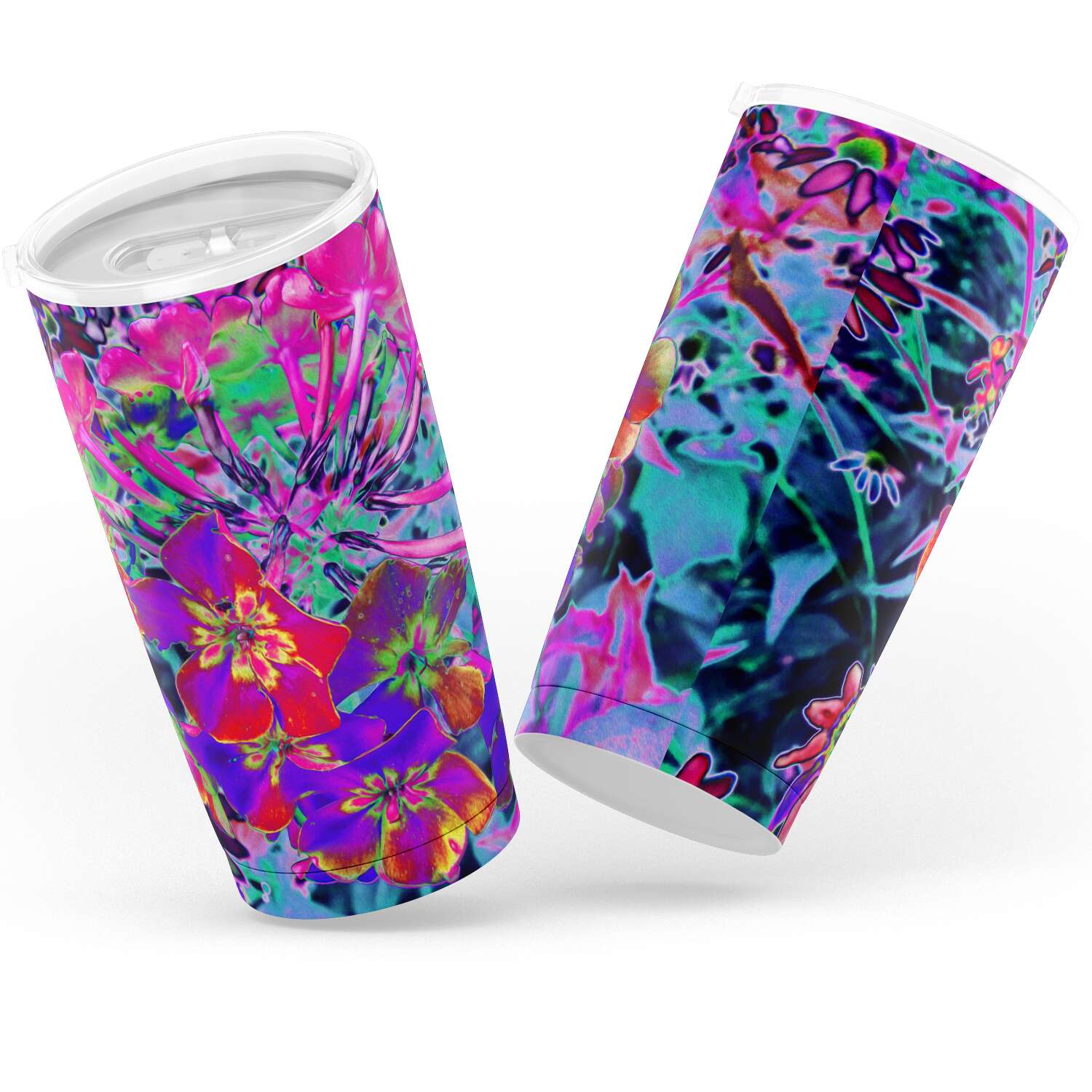 Travel Tumblers, Dramatic Psychedelic Colorful Red and Purple Flowers