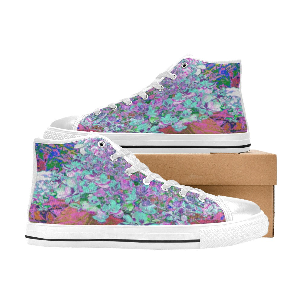 High Top Sneakers for Women, Elegant Aqua and Purple Limelight Hydrangea Detail - White