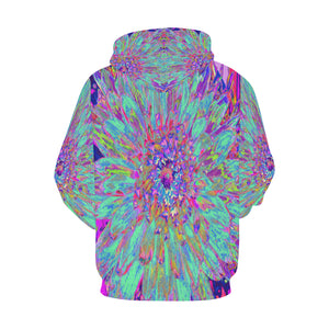 Hoodies for Women, Aquamarine Rainbow Color Abstract Dahlia Flower