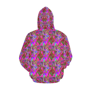 Hoodies for Women, Trippy Garden Quilt Painting with Lime Green Hydrangea