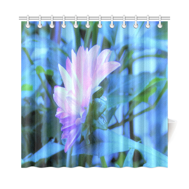 Shower Curtain, White and Purple Dahlia Profile on Blue