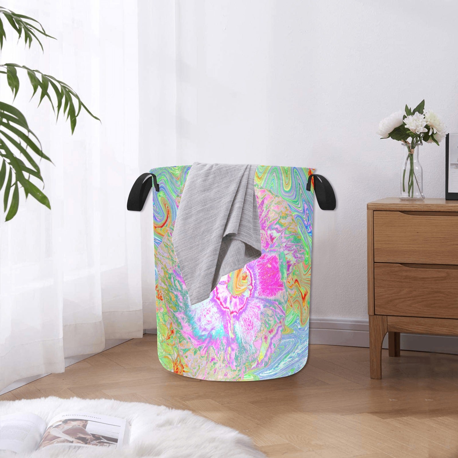 Fabric Laundry Basket with Handles, Psychedelic Hot Pink and Ultra-Violet Hibiscus