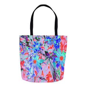 Tote Bags, Retro Psychedelic Aqua Green and Orange Flowers