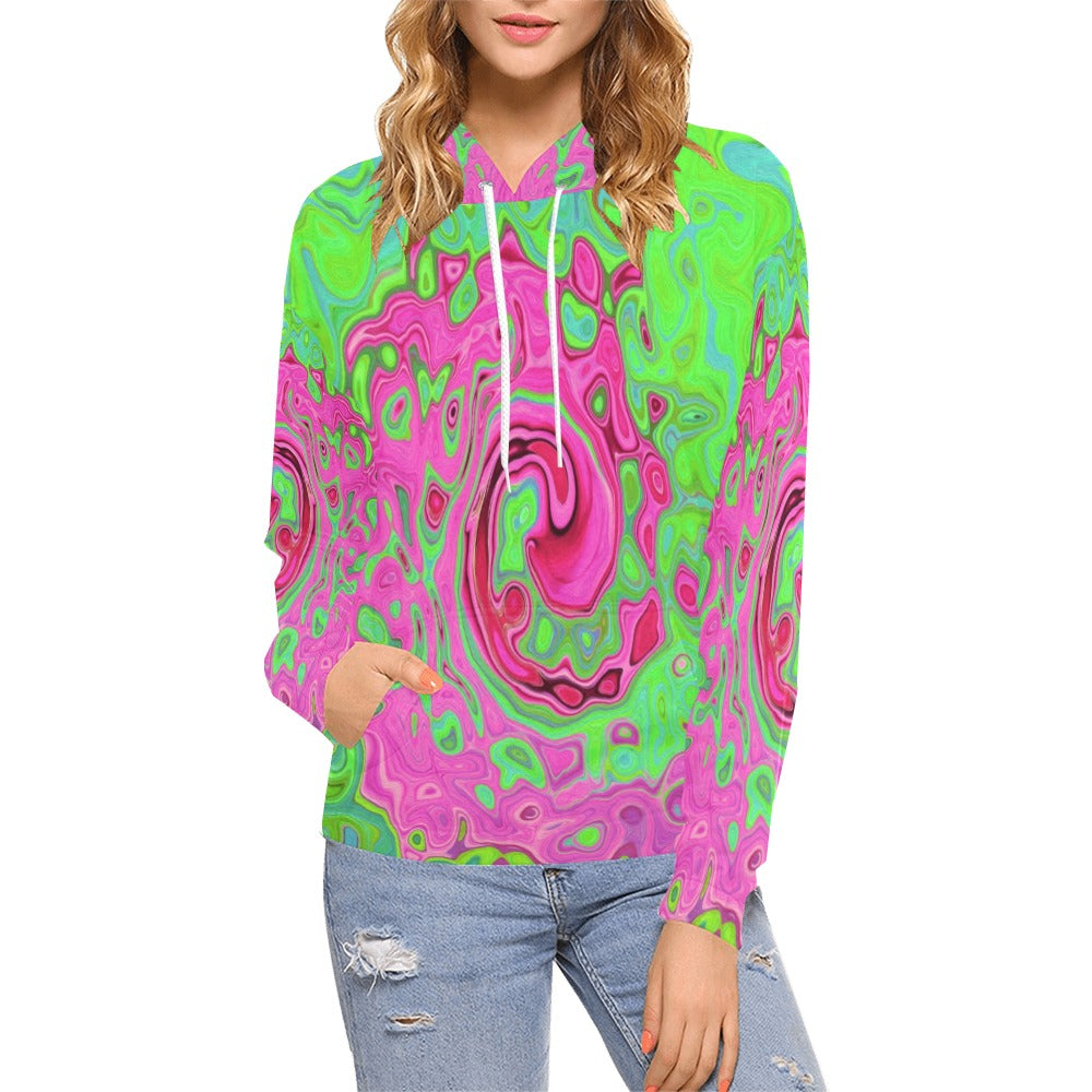 Hoodies for Women, Groovy Abstract Green and Red Lava Liquid Swirl