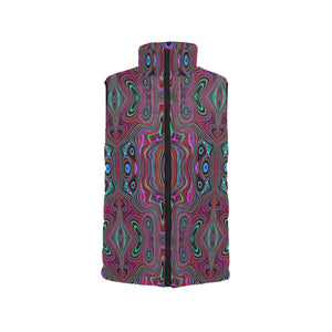 Women's Stand Collar Vest, Trippy Seafoam Green and Magenta Abstract Pattern