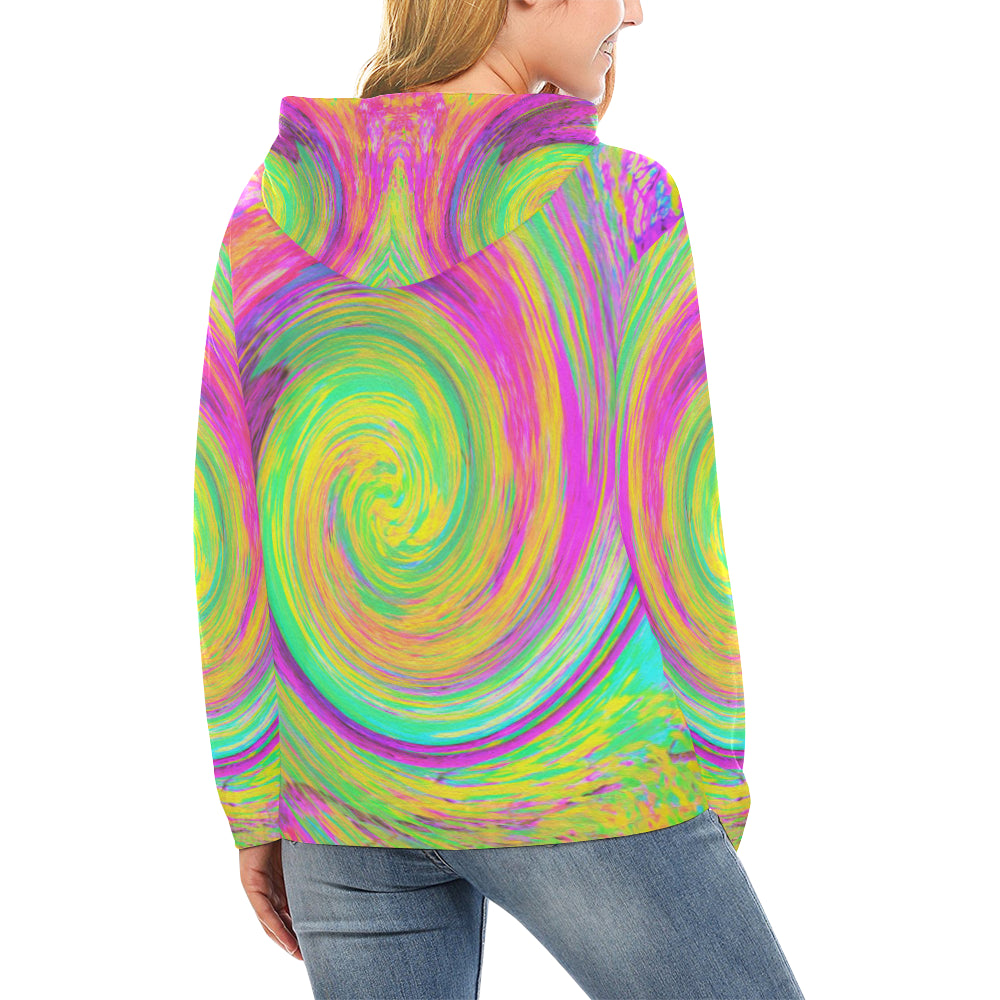 Hoodies for Women, Groovy Abstract Purple and Yellow Rainbow Swirl