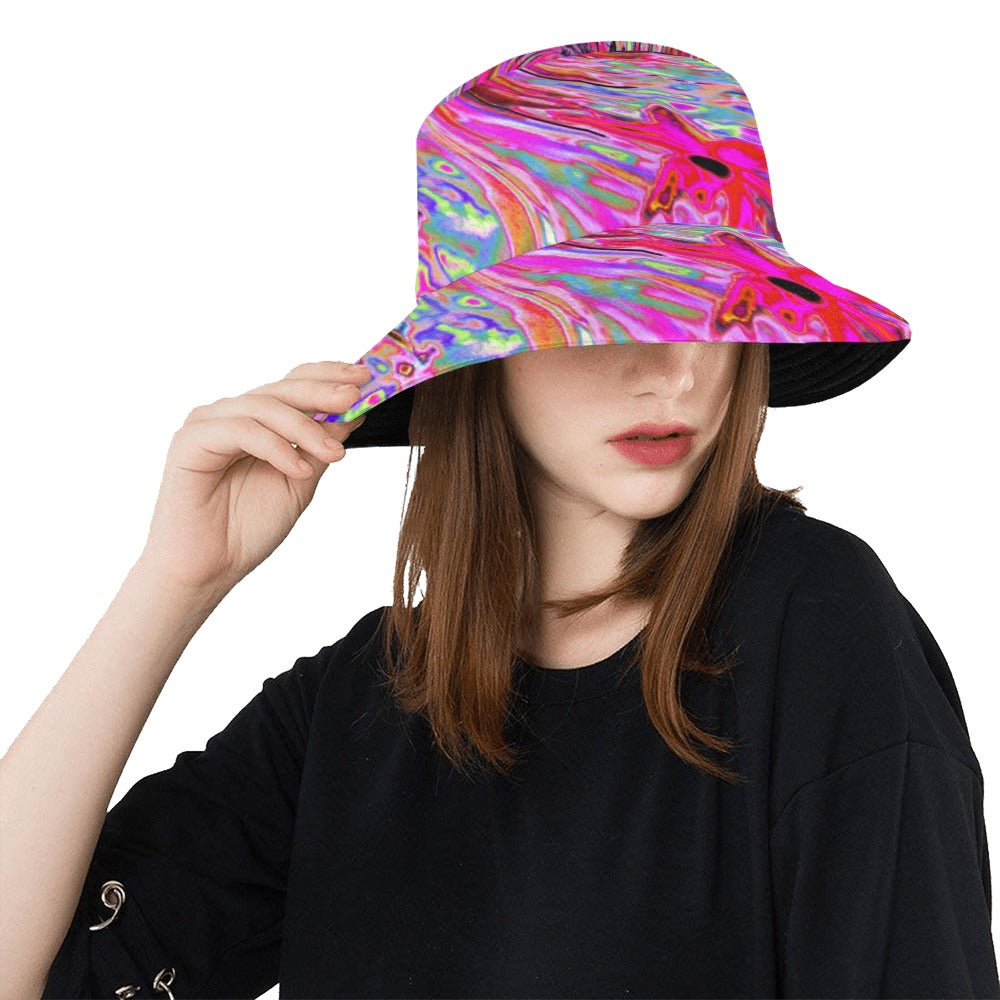 Bucket Hats, Cool Abstract Retro Hot Pink and Red Floral Swirl