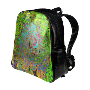 Backpack - Faux Leather, Groovy Abstract Retro Lime Green and Blue Swirl