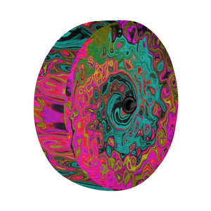 Spare Tire Cover with Backup Camera Hole - Trippy Turquoise Abstract Retro Liquid Swirl - Medium