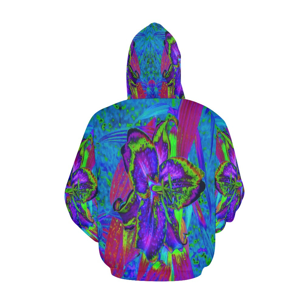 Hoodies for Women, Psychedelic Purple and Lime Green Lily Flower