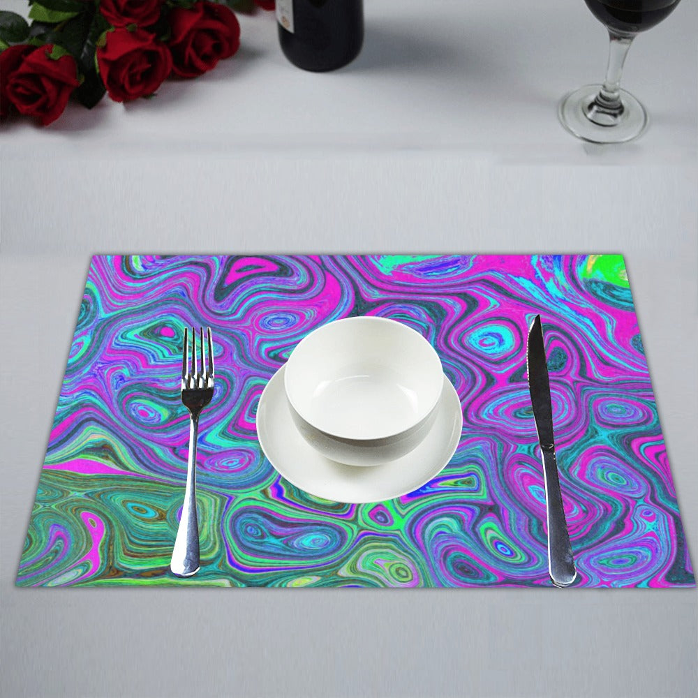 Cloth Placemats Set, Marbled Magenta and Lime Green Groovy Abstract Art