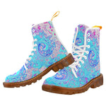 Colorful Boots for Women, Groovy Abstract Retro Robin's Egg Blue Liquid Swirl - White