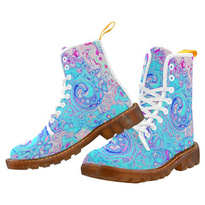 Colorful Boots for Women, Groovy Abstract Retro Robin's Egg Blue Liquid Swirl - White