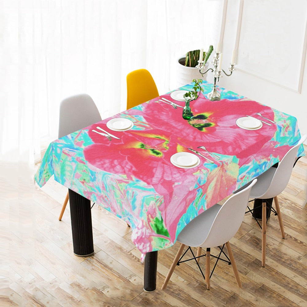 Tablecloths for Rectangle Tables, Two Rosy Red Coral Plum Crazy Hibiscus on Aqua