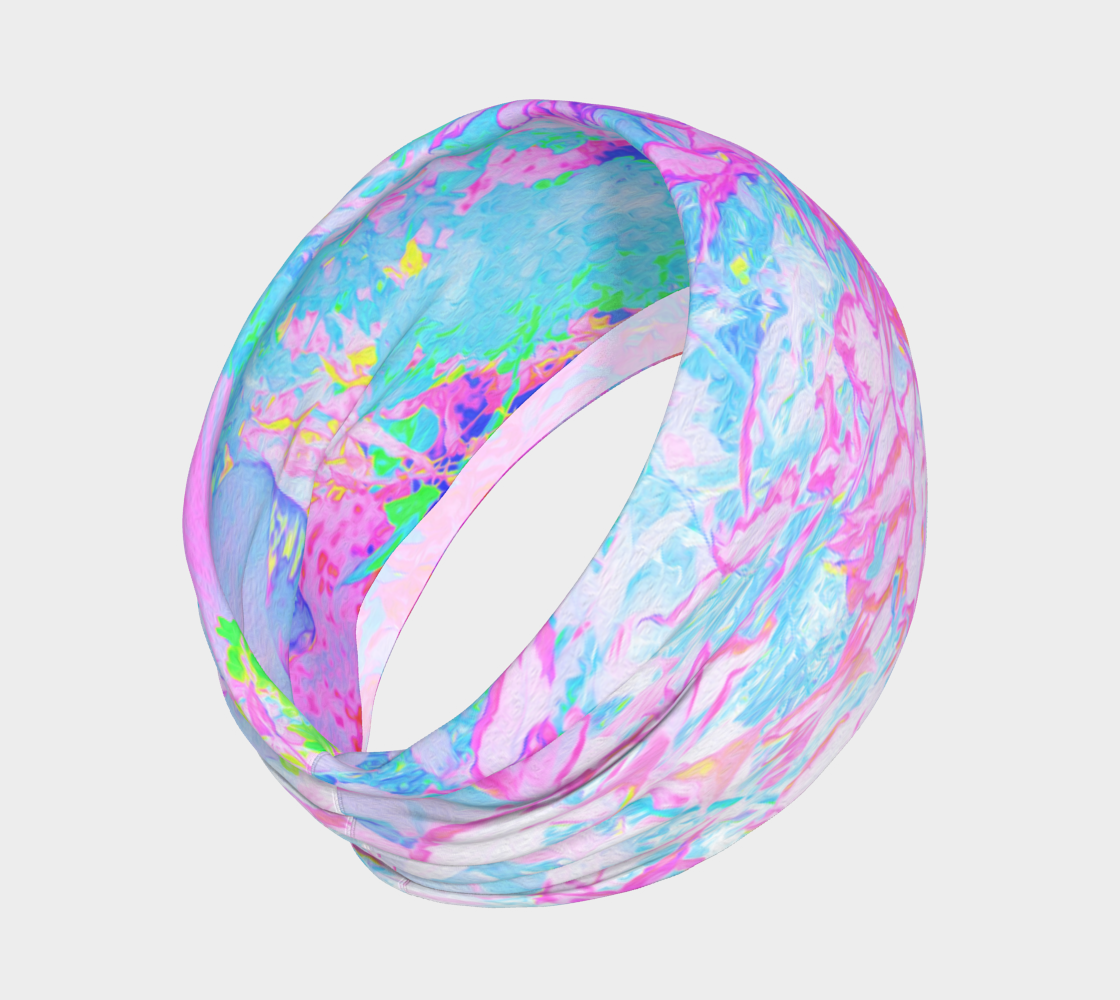 Wide Fabric Headband, Aqua Blue and Hot Pink Hydrangea Landscape, Face Covering