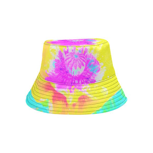 Colorful Floral Bucket Hat, Yellow Poppy with Hot Pink Center on Turquoise
