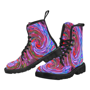 Boots for Women, Cool Red, Blue and Pink Abstract Floral Swirl - Black