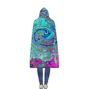 Hooded Blankets for Men, Trippy Sky Blue Abstract Retro Liquid Swirl
