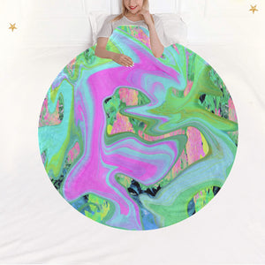 Round Throw Blankets, Retro Pink and Light Blue Liquid Art on Hydrangea