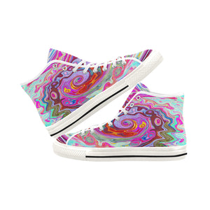 Colorful High Top Sneakers for Women, Groovy Abstract Retro Hot Pink and Blue Swirl, White