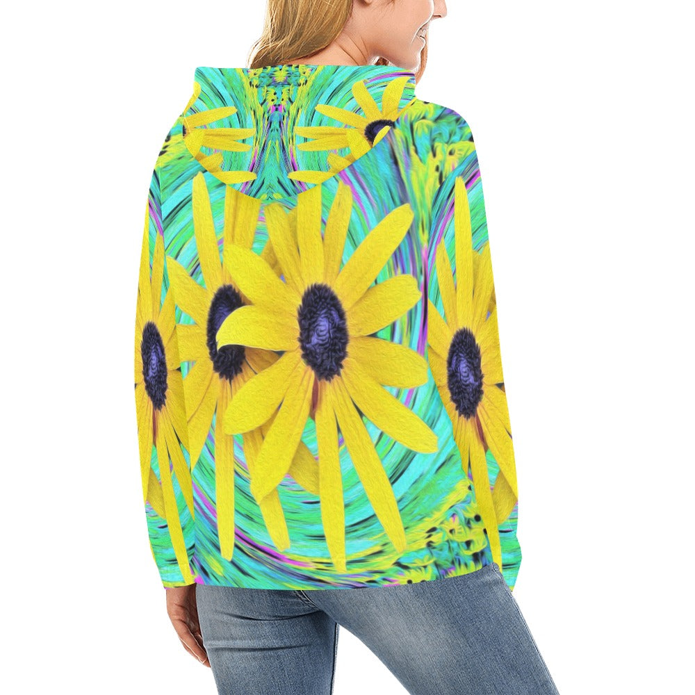 Hoodies for Women, Yellow Rudbeckia Flowers on a Turquoise Swirl