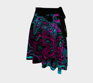 Artsy Wrap Skirt, Retro Aqua Magenta and Black Abstract Swirl